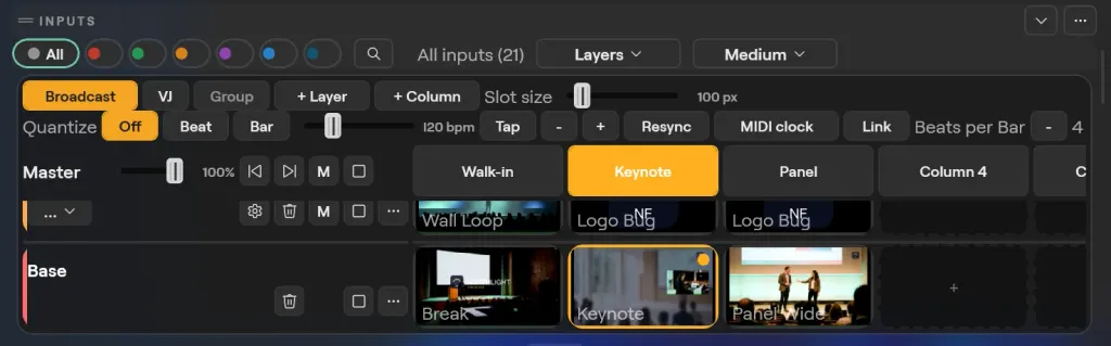 The Inputs panel in Layers view on Windows: Broadcast, VJ, Group, + Layer, + Column and Slot size, the Quantize and tempo bar, the Master line over the columns Walk-in, Keynote and Panel, and the Base layer with Keynote firing