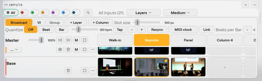 The Inputs panel in Layers view on Windows: Broadcast, VJ, Group, + Layer, + Column and Slot size, the Quantize and tempo bar, the Master line over the columns Walk-in, Keynote and Panel, and the Base layer with Keynote firing