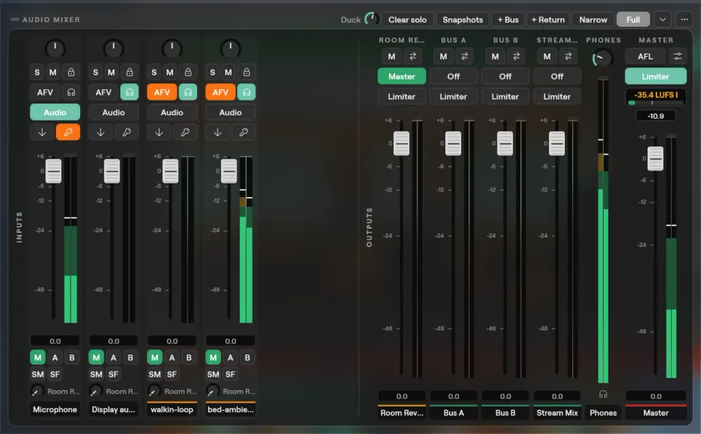 The Audio Mixer on Windows: four input strips, the Room Reverb return, Bus A, Bus B, Stream Mix, Phones and Master with limiters and a loudness meter, and the Duck, Clear solo, Snapshots, Bus and Return controls