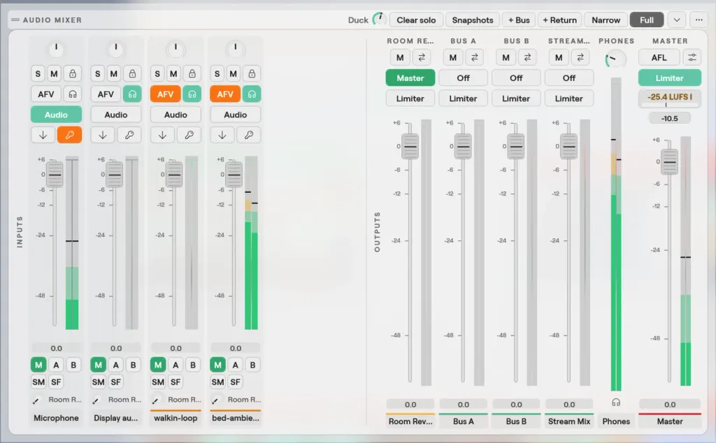 The Audio Mixer on Windows: four input strips, the Room Reverb return, Bus A, Bus B, Stream Mix, Phones and Master with limiters and a loudness meter, and the Duck, Clear solo, Snapshots, Bus and Return controls