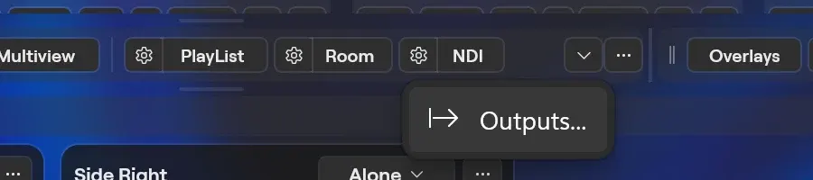 The NDI cog menu in the Windows Studio toolbar, open with its one item, Outputs...