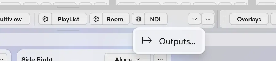 The NDI cog menu in the Windows Studio toolbar, open with its one item, Outputs...