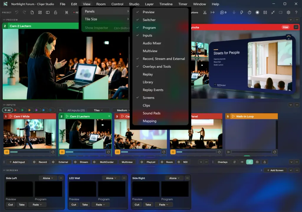 The Studio window on Windows with the View menu open on Panels, listing Preview, Switcher, Program, Inputs, Audio Mixer, Multiview, Replay, Library, Screens and the other panels