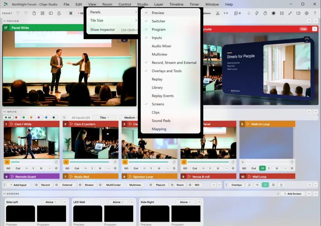 The Studio window on Windows with the View menu open on Panels, listing Preview, Switcher, Program, Inputs, Audio Mixer, Multiview, Replay, Library, Screens and the other panels