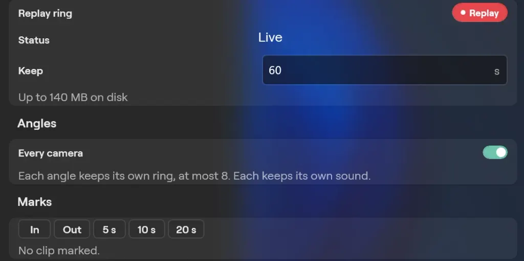The Replay panel on Windows: the replay ring live and keeping 60 seconds, up to 140 MB on disk, Every camera on, and the In, Out, 5 s, 10 s and 20 s mark buttons