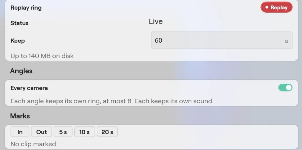 The Replay panel on Windows: the replay ring live and keeping 60 seconds, up to 140 MB on disk, Every camera on, and the In, Out, 5 s, 10 s and 20 s mark buttons