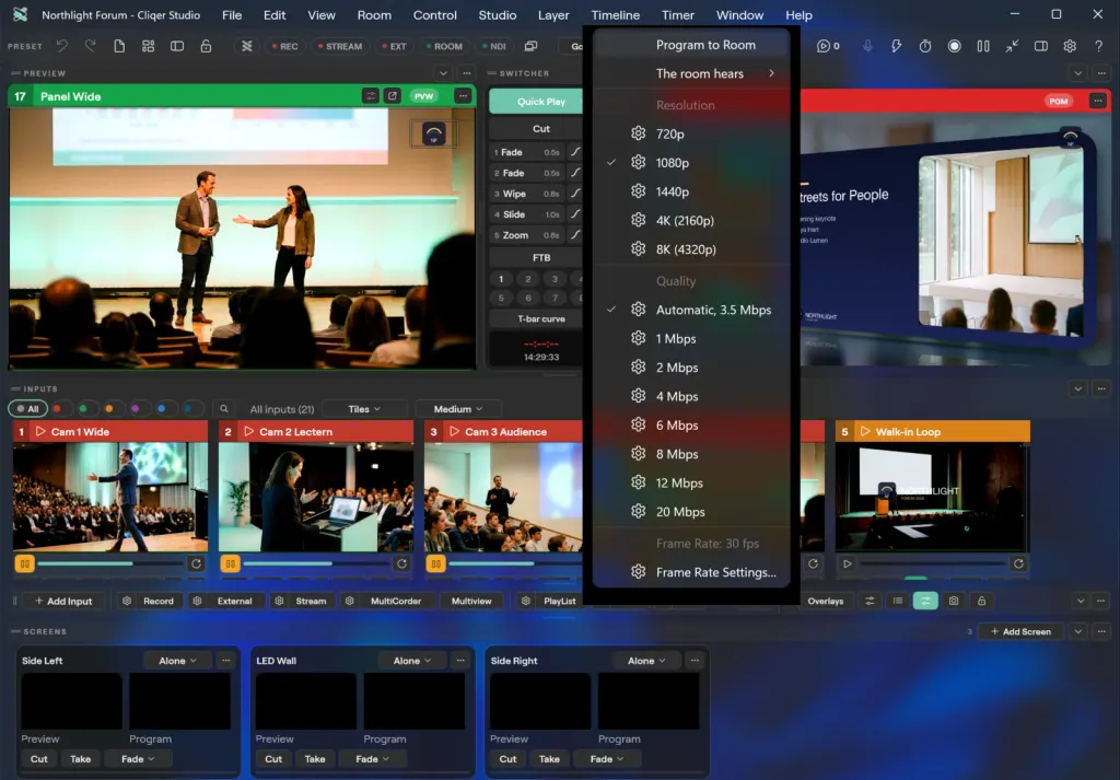 The Studio window on Windows with the Room settings menu open: Program to Room, what the room hears, the resolution from 720p to 8K, and the quality from Automatic to 20 Mbps