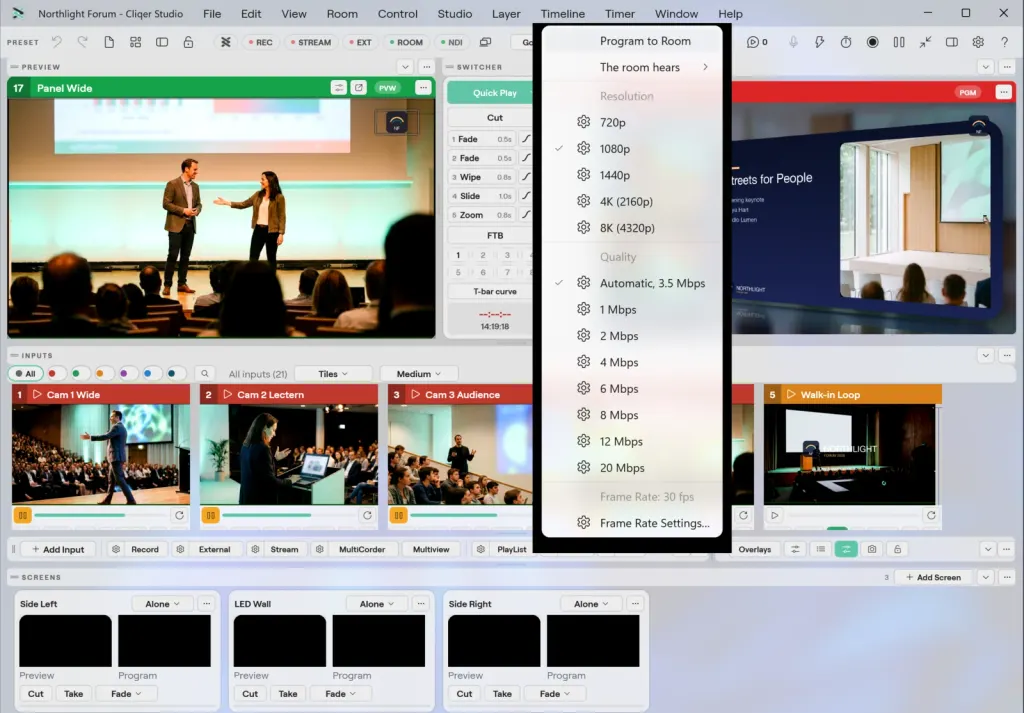 The Studio window on Windows with the Room settings menu open: Program to Room, what the room hears, the resolution from 720p to 8K, and the quality from Automatic to 20 Mbps