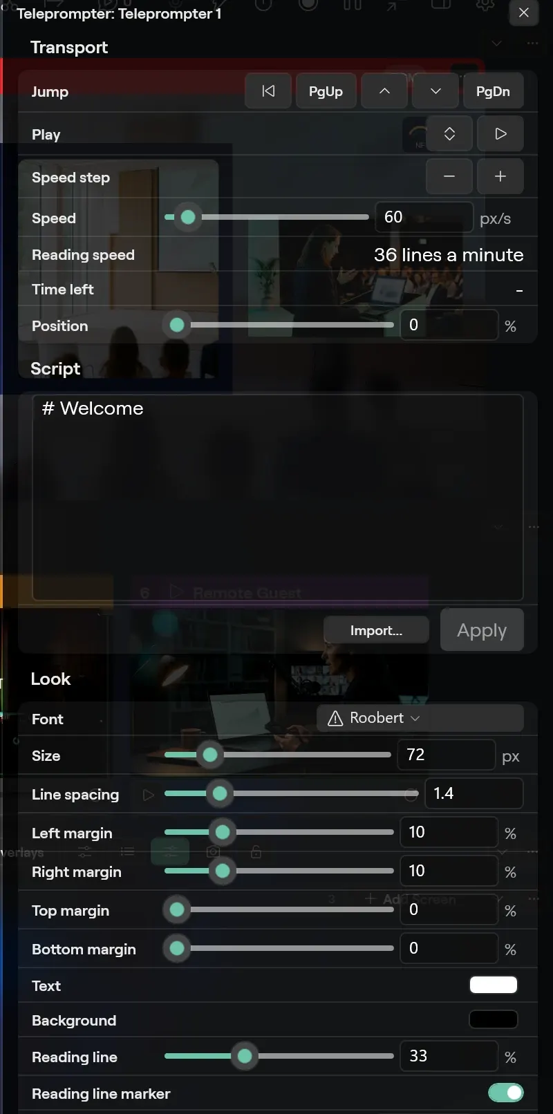 The Teleprompter card on Windows for Teleprompter 1, with the Transport controls, the Script box and the Look settings for font, size, margins and the reading line