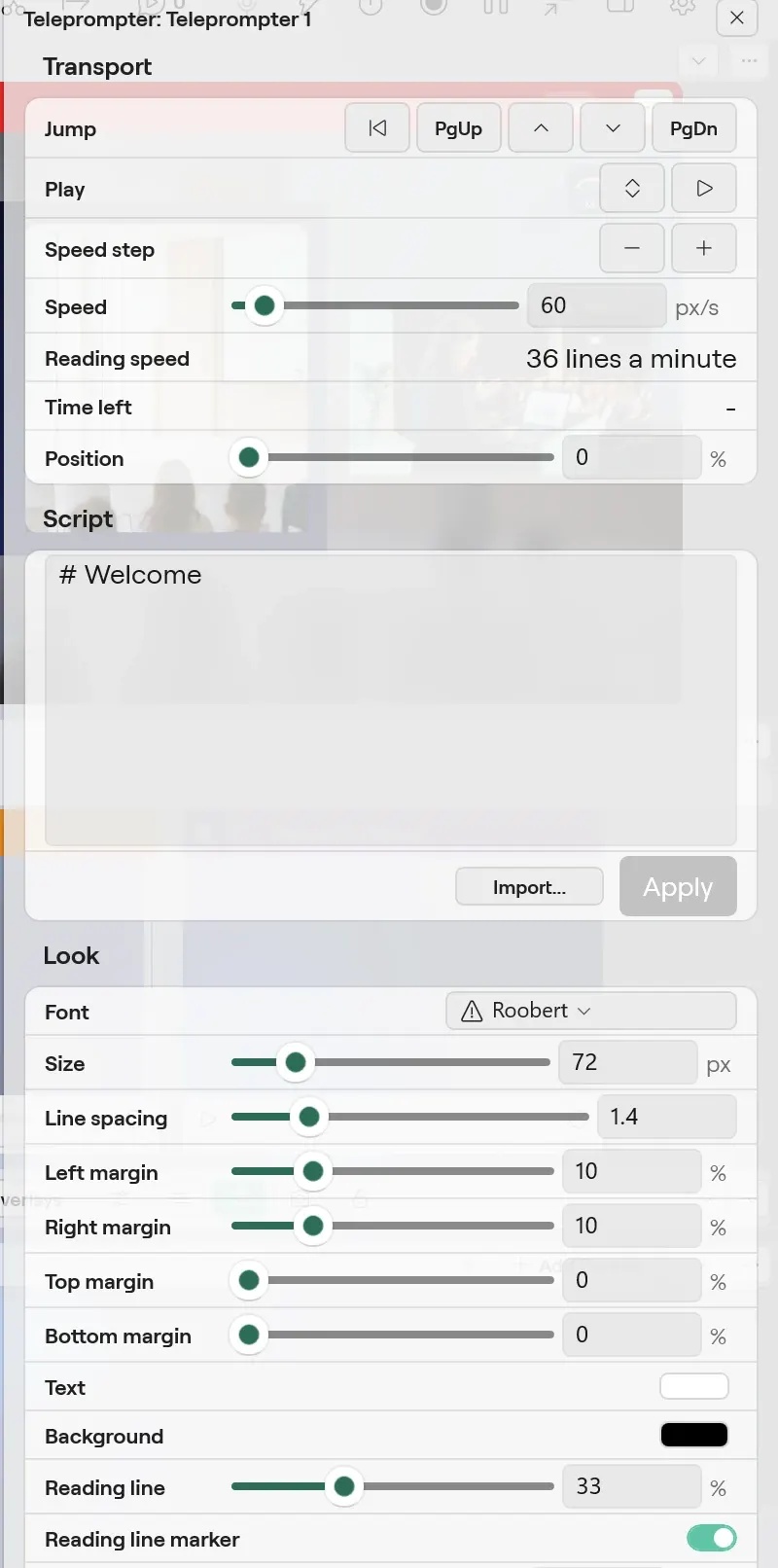 The Teleprompter card on Windows for Teleprompter 1, with the Transport controls, the Script box and the Look settings for font, size, margins and the reading line