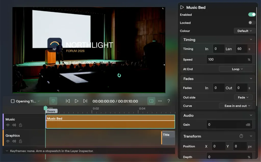 The Timeline editor on Windows with the Music Bed clip selected: its timing, speed, At End set to Loop, fades, gain and transform in the inspector, over the Opening Titles timeline