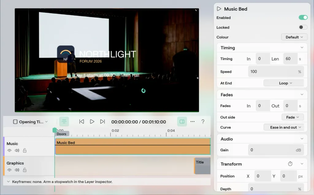 The Timeline editor on Windows with the Music Bed clip selected: its timing, speed, At End set to Loop, fades, gain and transform in the inspector, over the Opening Titles timeline