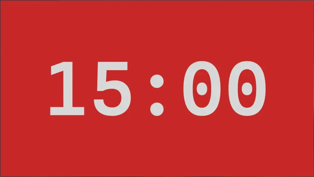 The Cliqer timer window on Windows showing 15:00 in a monospaced font on a red background