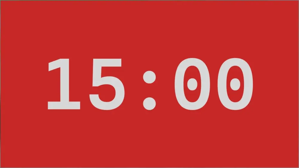 The Cliqer timer window on Windows showing 15:00 in a monospaced font on a red background