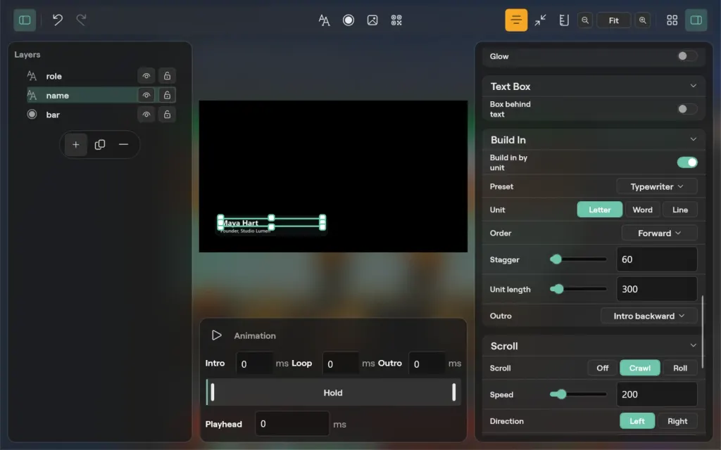 The Title designer on Windows with the name layer of a lower third selected, showing the Text Box, Build In and Scroll sections in the inspector