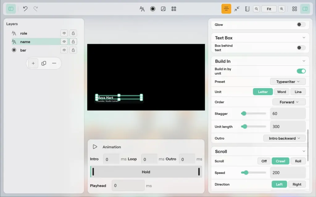 The Title designer on Windows with the name layer of a lower third selected, showing the Text Box, Build In and Scroll sections in the inspector