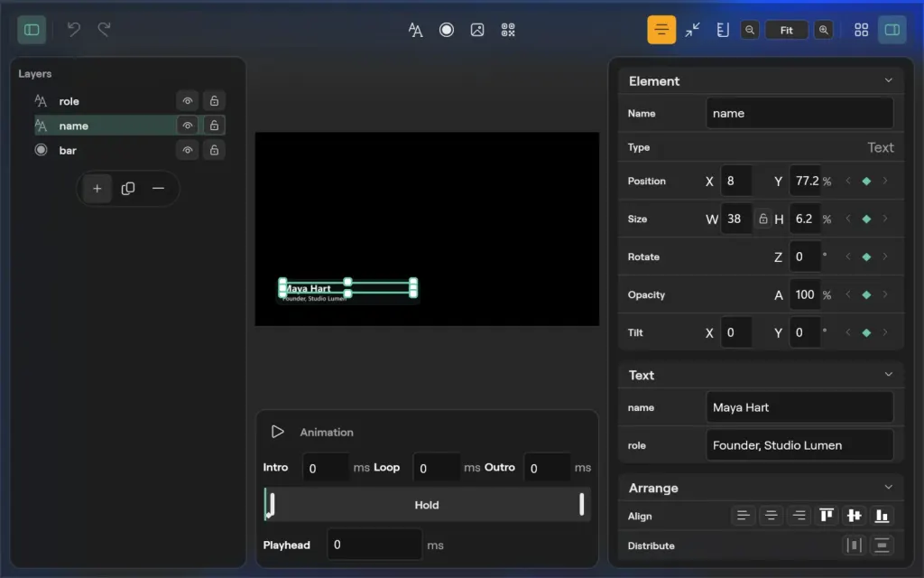 The Title designer on Windows with the name layer of a lower third selected: its position, size, rotation, opacity and tilt, the Maya Hart and Founder, Studio Lumen text, and the Arrange tools