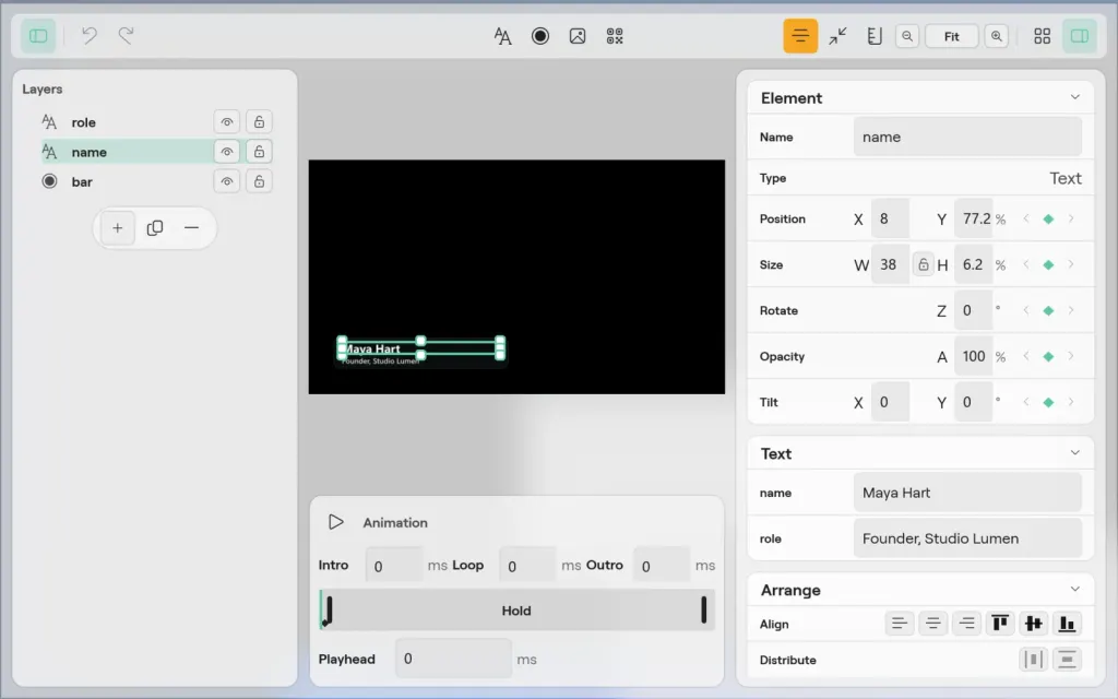The Title designer on Windows with the name layer of a lower third selected: its position, size, rotation, opacity and tilt, the Maya Hart and Founder, Studio Lumen text, and the Arrange tools