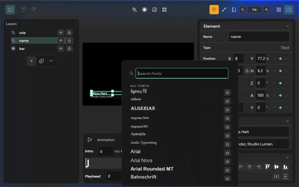 The Title designer on Windows with the font picker open over the inspector, a search field and the installed fonts from Agency FB to Bahnschrift