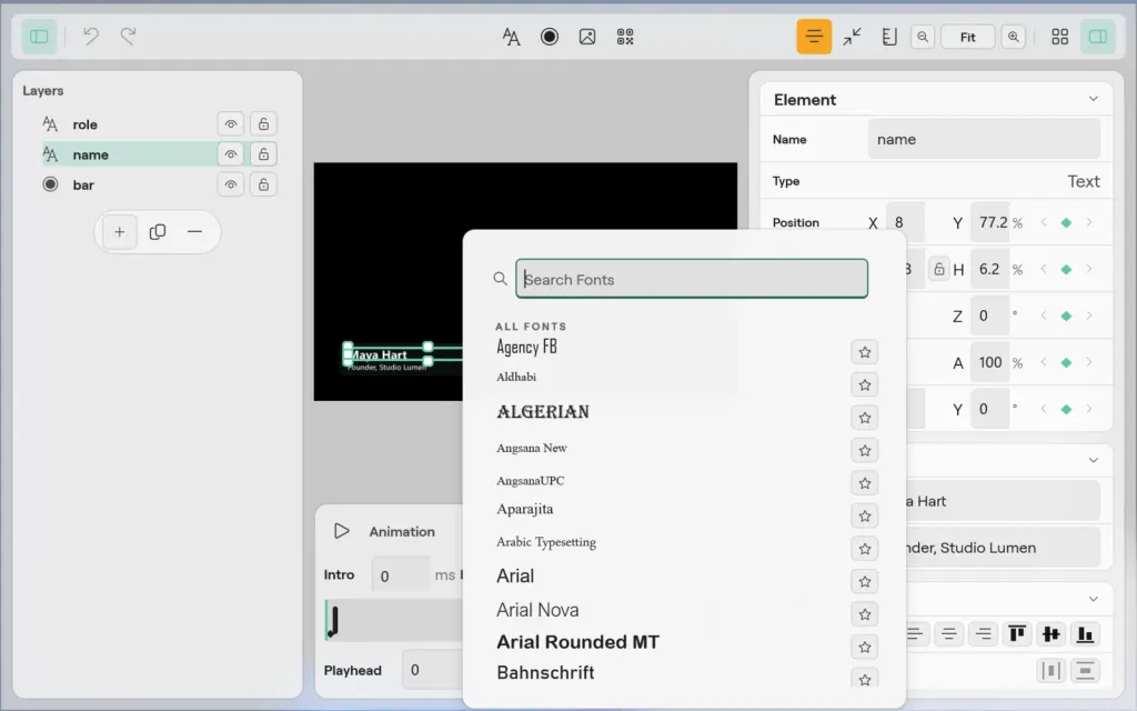 The Title designer on Windows with the font picker open over the inspector, a search field and the installed fonts from Agency FB to Bahnschrift