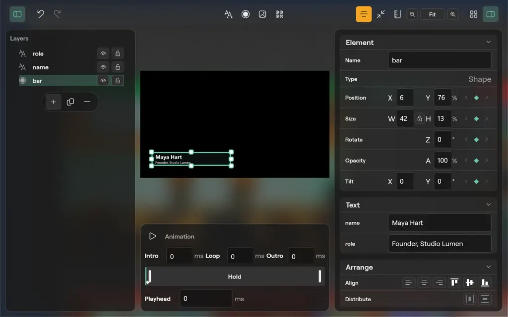 The Title designer on Windows with the bar shape selected and a keyframe set on each of its position, size, rotation, opacity and tilt values