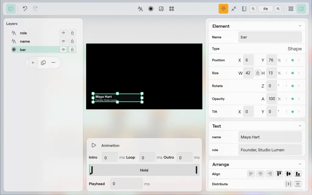The Title designer on Windows with the bar shape selected and a keyframe set on each of its position, size, rotation, opacity and tilt values