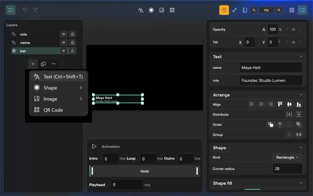 The Title designer on Windows with the add layer menu open under the layer list: Text, Shape, Image and QR Code