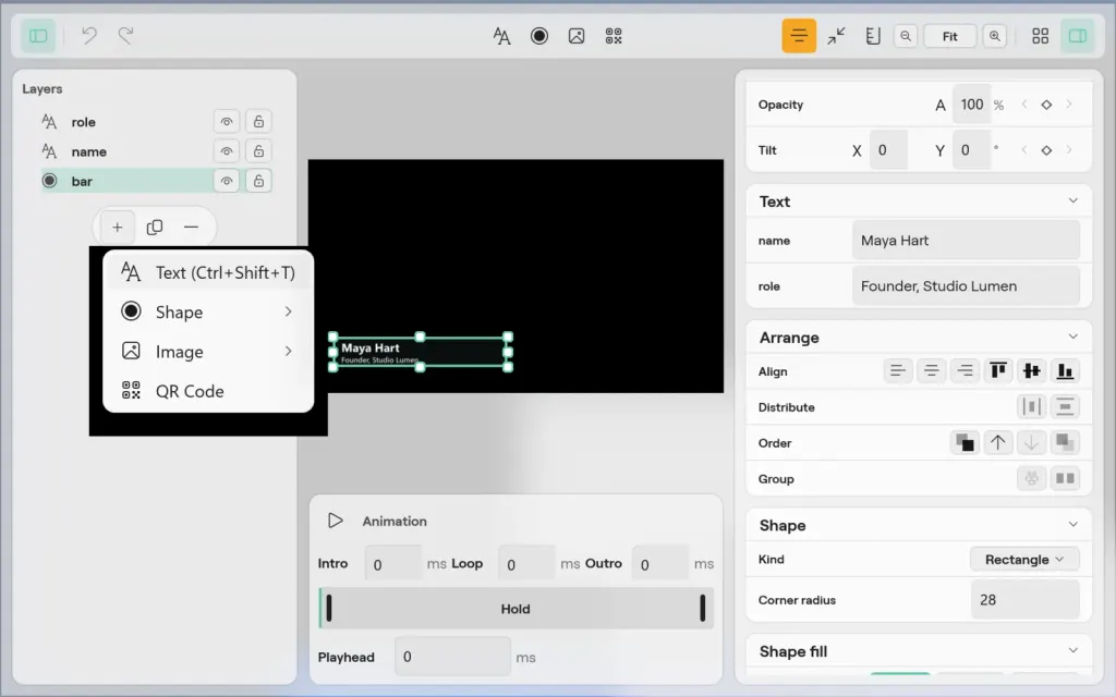 The Title designer on Windows with the add layer menu open under the layer list: Text, Shape, Image and QR Code