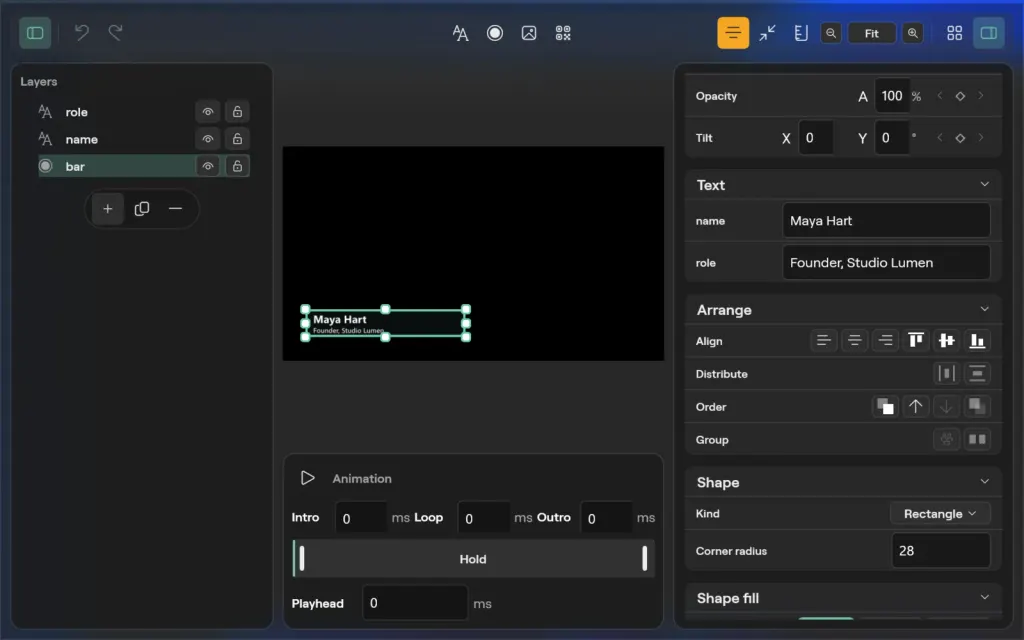 The Title designer on Windows with the bar shape of a lower third selected: its text, the Arrange tools for align, distribute, order and group, and the Shape section with a rectangle of corner radius 28