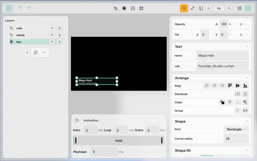 The Title designer on Windows with the bar shape of a lower third selected: its text, the Arrange tools for align, distribute, order and group, and the Shape section with a rectangle of corner radius 28