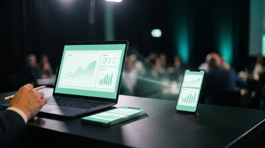 App de escritorio Cliqer en un portátil junto a un móvil que se usa como control remoto para presentaciones
