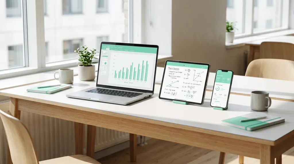 Portátil, tableta y móvil uno al lado del otro, cada uno usando Cliqer como control remoto para presentaciones por software