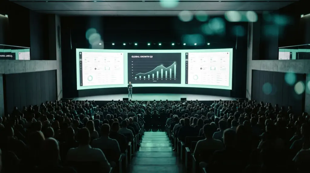Hundreds of employees in a bright corporate atrium watching a company town-hall presentation on large displays