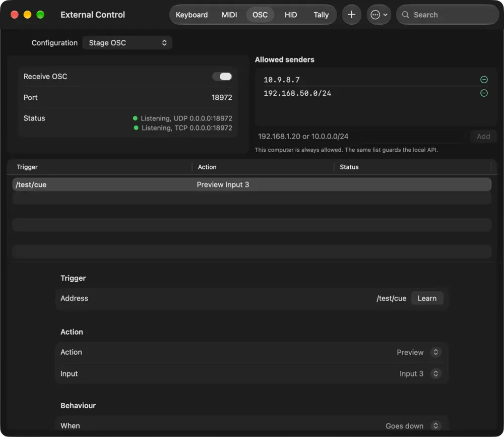 Der OSC-Tab von External Control mit dem Empfänger, der Allow-List und einer gelernten Zuweisung