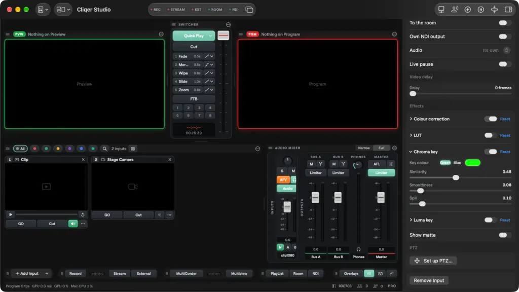 Der Inspector eines Kamera-Inputs mit dem Bereich Effects: Farbkorrektur, LUT und Chroma Key