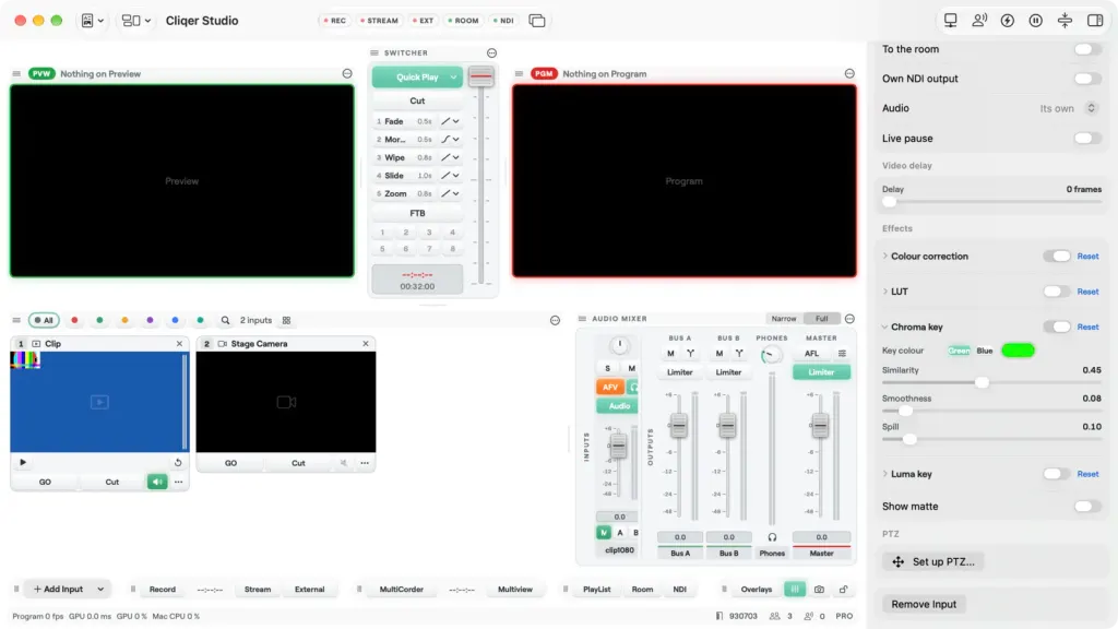 Der Inspector eines Kamera-Inputs mit dem Bereich Effects: Farbkorrektur, LUT und Chroma Key