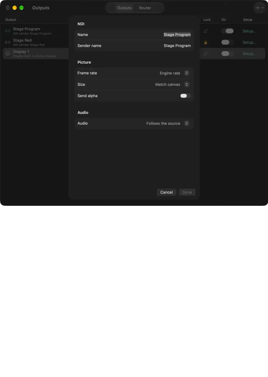 De uitvoerinstellingen op macOS met een NDI-uitgang geselecteerd