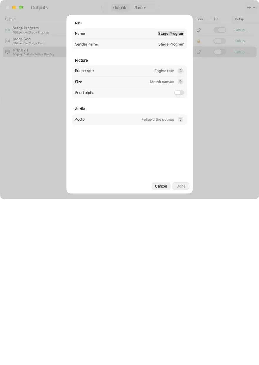 De uitvoerinstellingen op macOS met een NDI-uitgang geselecteerd