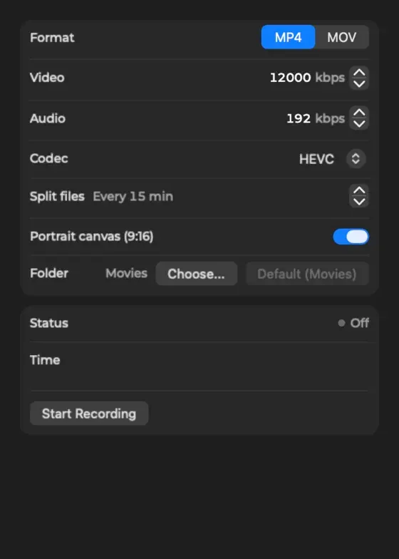 Das Record-Popover mit Format, Bitraten, Codec, geteilten Dateien, Hochformat-Canvas und Ordner