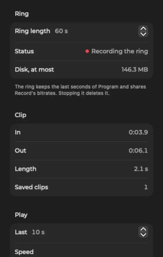The Replay popover with ring length, in and out marks, saved clips and playback
