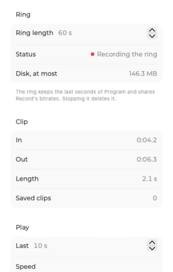 Das Replay-Popover mit Ringlänge, In- und Out-Marken, gespeicherten Clips und Wiedergabe