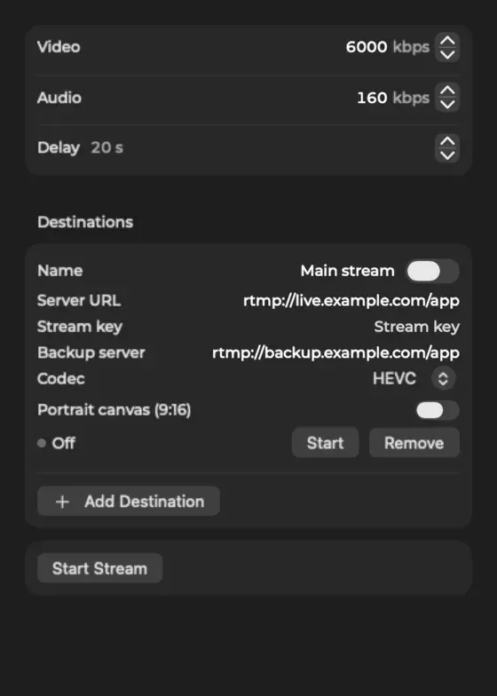 The Stream popover with bitrates, delay and a destination with a backup server