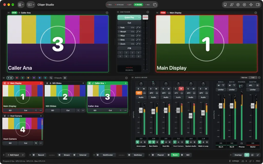 Cliqer Studio on a Mac with the Preview and Program monitors