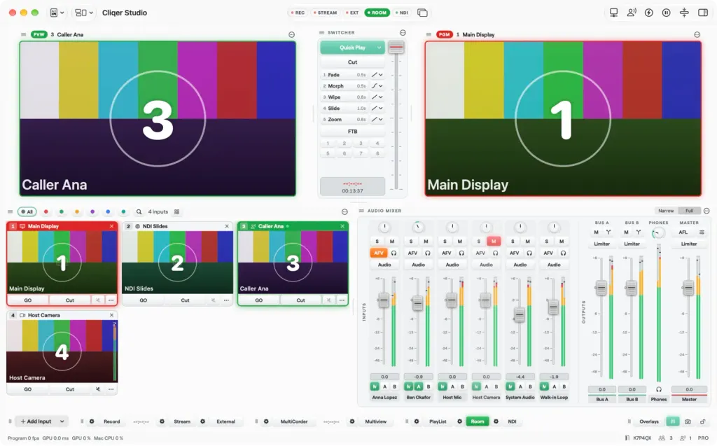 Das Studio-Fenster auf einem Mac: Preview und Program, der Switcher, Input-Kacheln, der Audiomixer und die untere Leiste