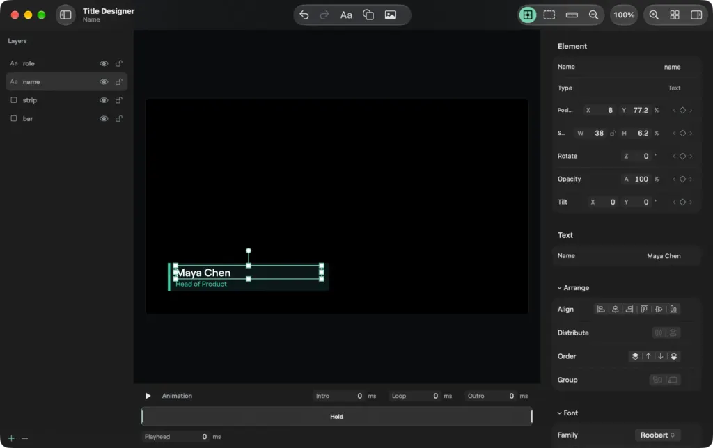 Der Title Designer unter macOS: Ebenen links, Arbeitsfläche, Timeline-Leiste und Inspector