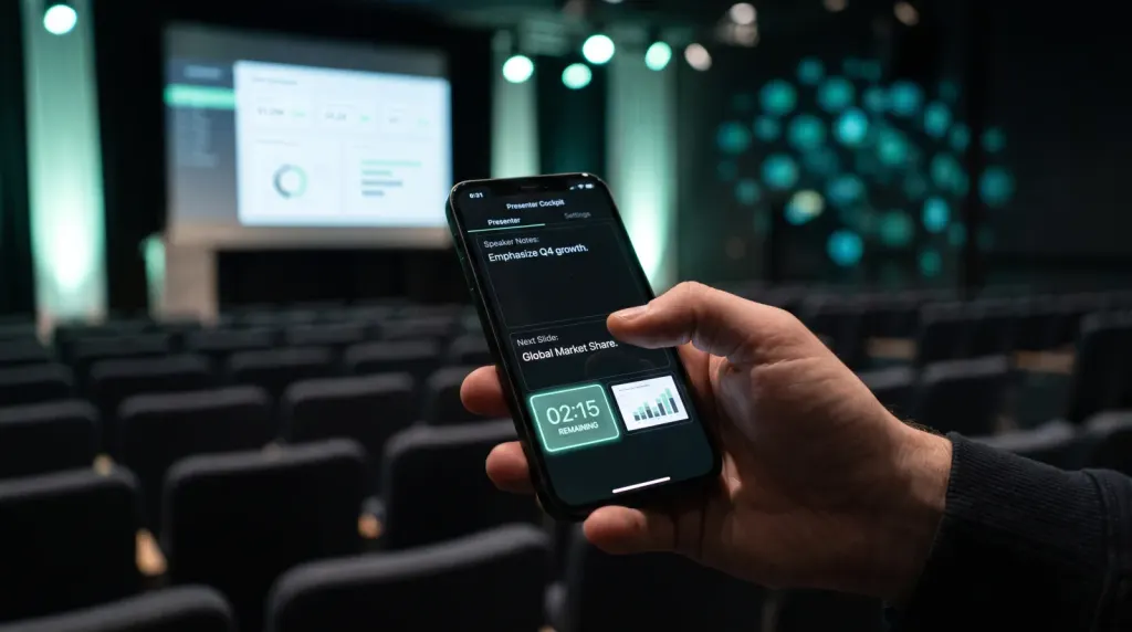 Cliqer phone clicker in use, a presenter advancing slides on a conference stage