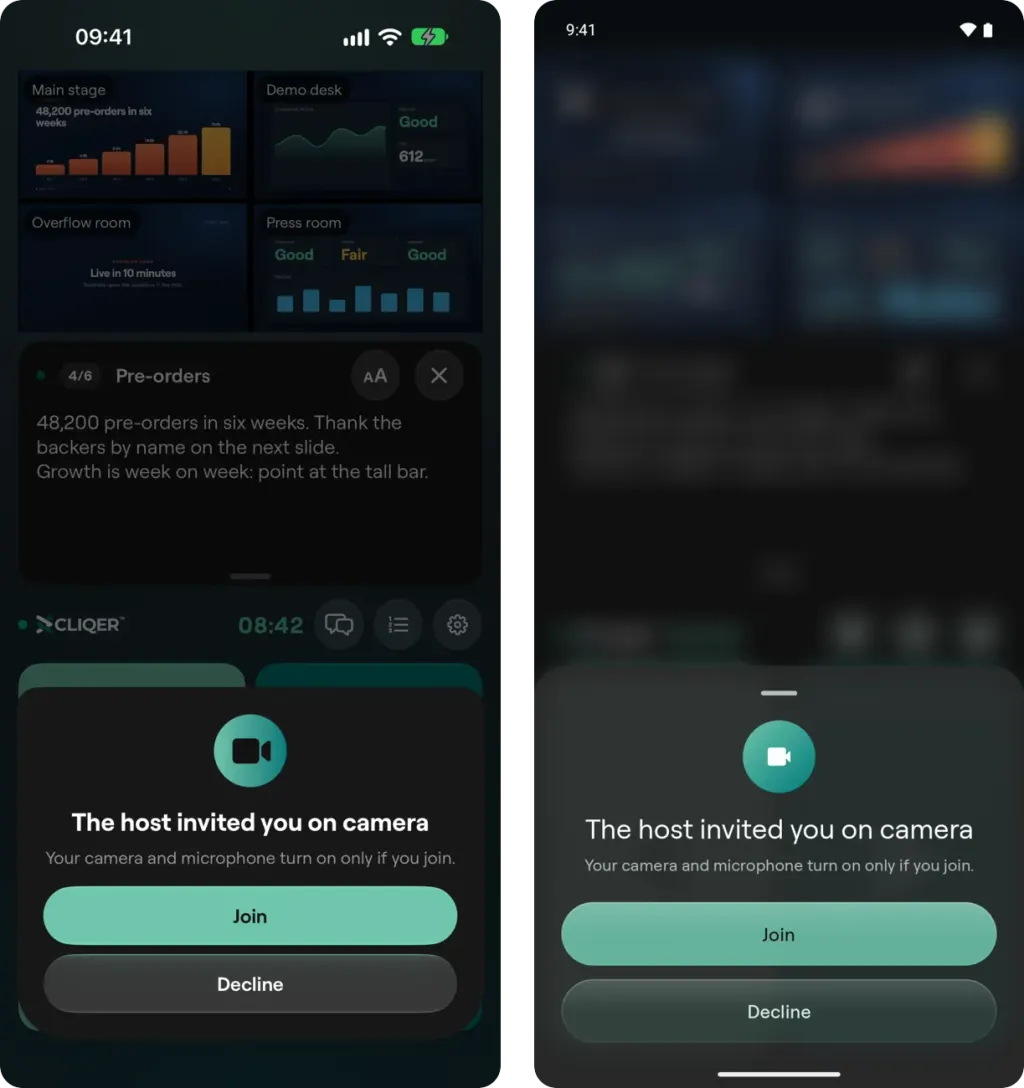 The invitation sheet The host invited you on camera with Join and Decline buttons, on iPhone and on Android