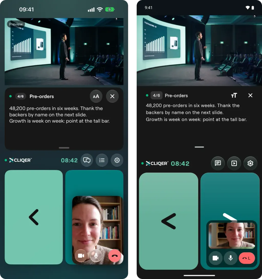 The On call card with camera, microphone and leave buttons over the Next tile, on iPhone and on Android