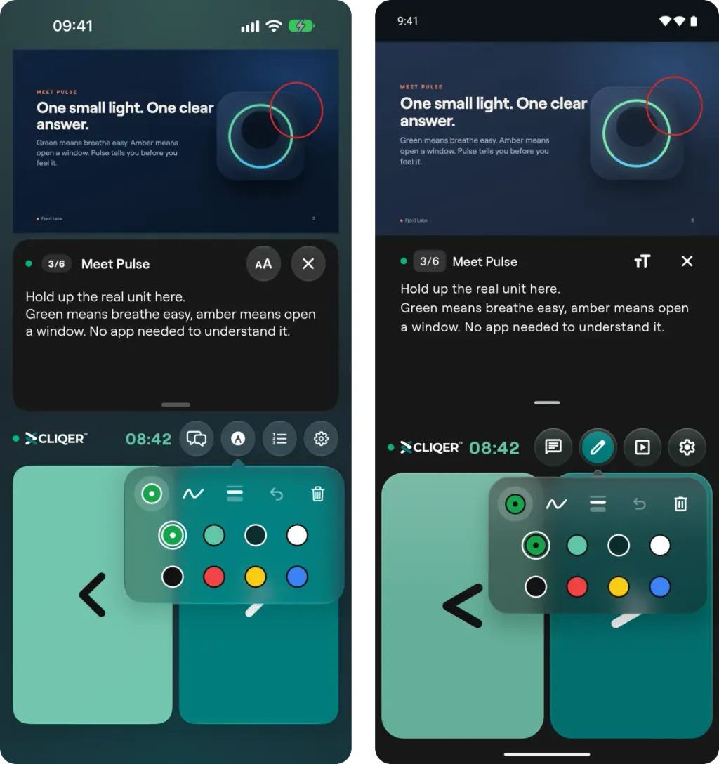 The drawing bar open on iPhone and on Android, with the eight colours unfolded under the colour button