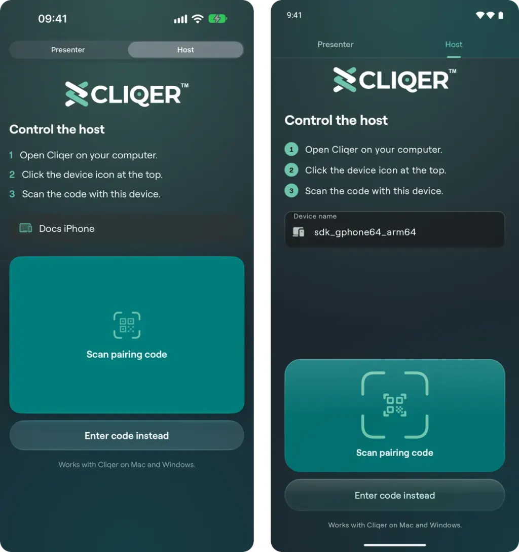 The Control the host screen on iPhone and on Android with the three steps, a device name box and the Scan pairing code card